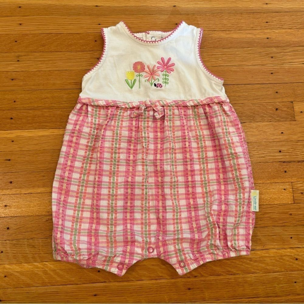 Little Me white/pink plaid embroidered flowers seersucker romper